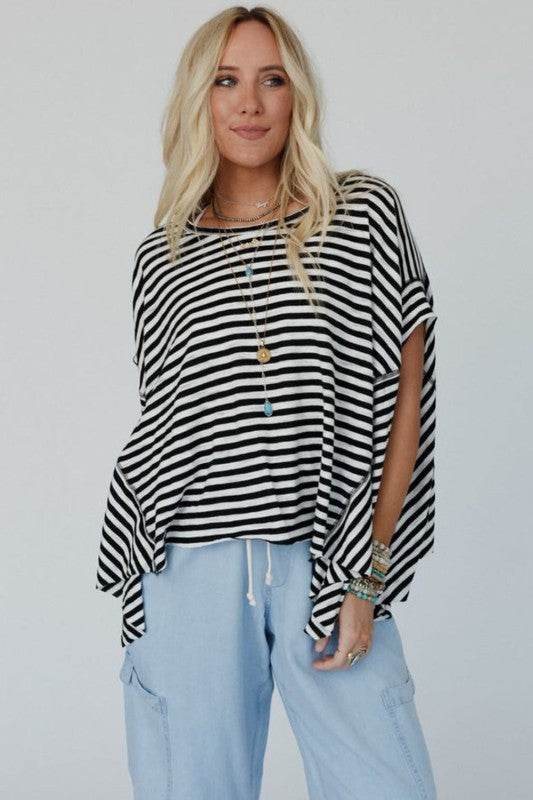 Cotton Black Striped Batwing Sleeve Oversized Top