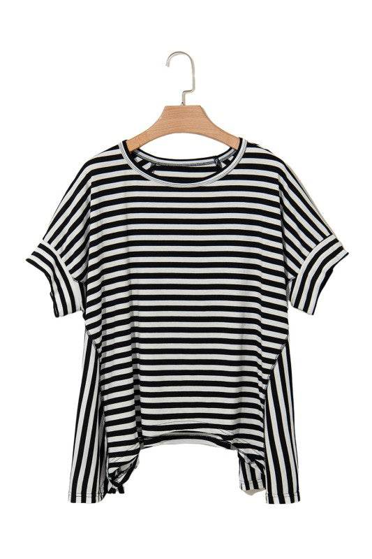Cotton Black Striped Batwing Sleeve Oversized Top