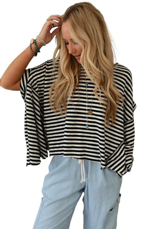 Cotton Black Striped Batwing Sleeve Oversized Top