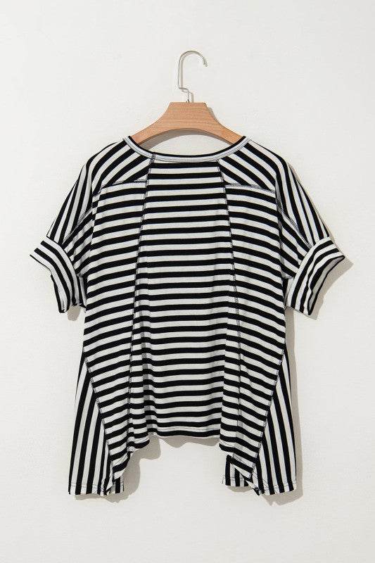 Cotton Black Striped Batwing Sleeve Oversized Top
