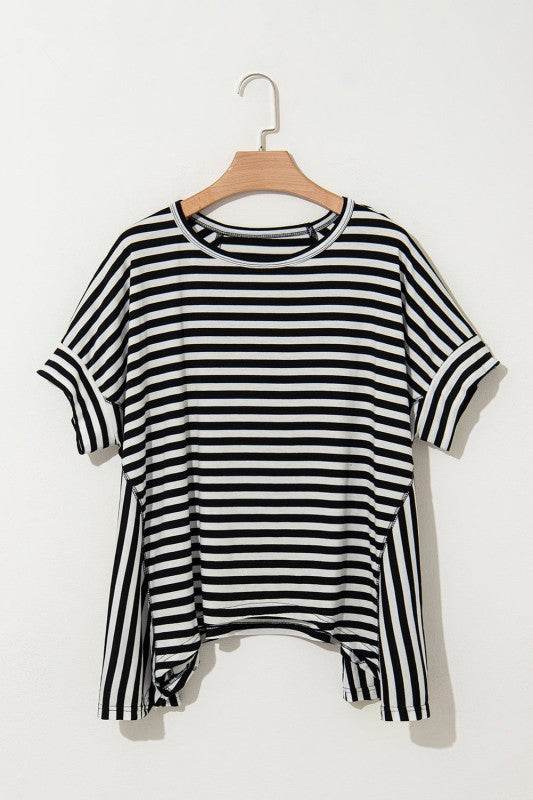 Cotton Black Striped Batwing Sleeve Oversized Top