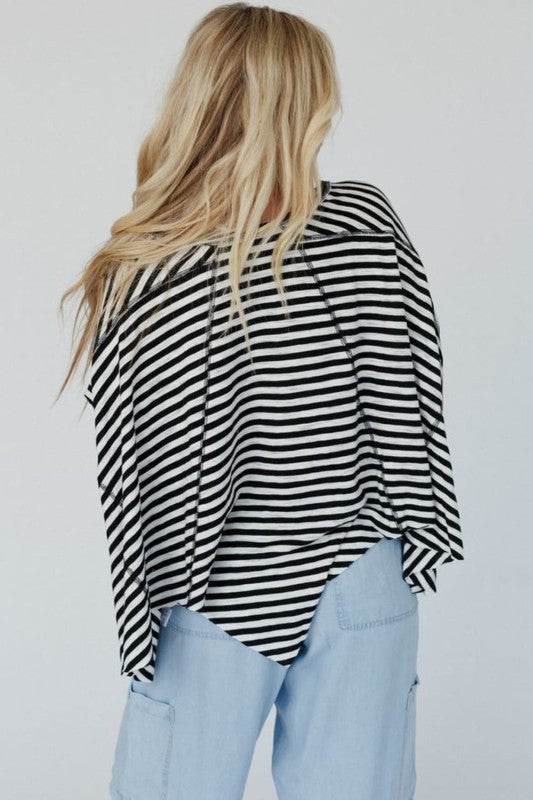 Cotton Black Striped Batwing Sleeve Oversized Top
