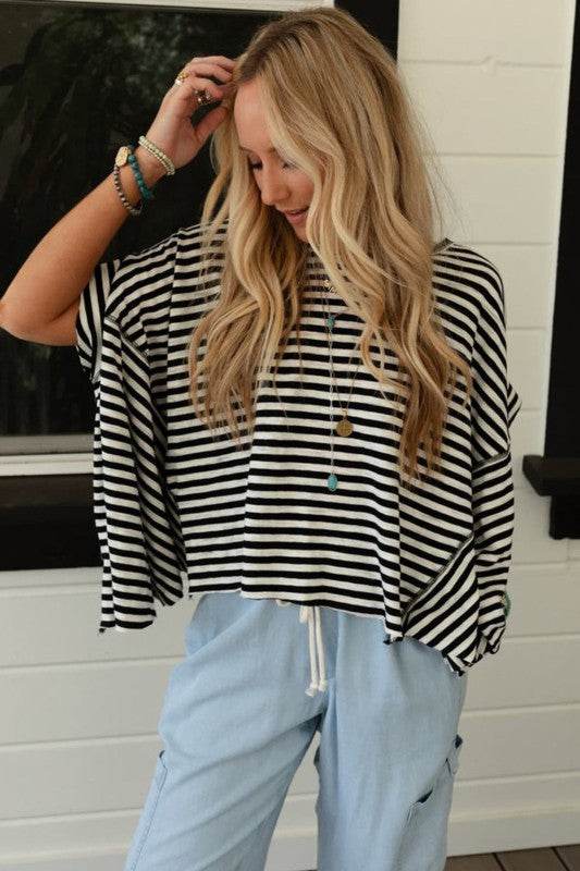 Cotton Black Striped Batwing Sleeve Oversized Top