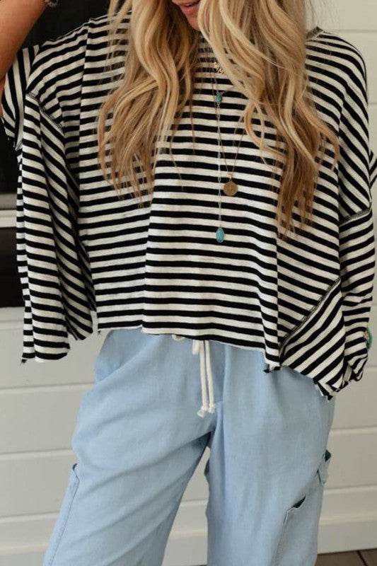 Cotton Black Striped Batwing Sleeve Oversized Top