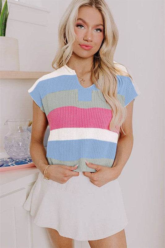 Multicolour Colorblock Notch V Neck Knit T Shirt