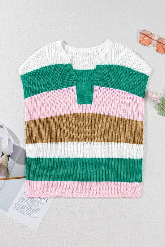Multicolour Colorblock Notch V Neck Knit T Shirt