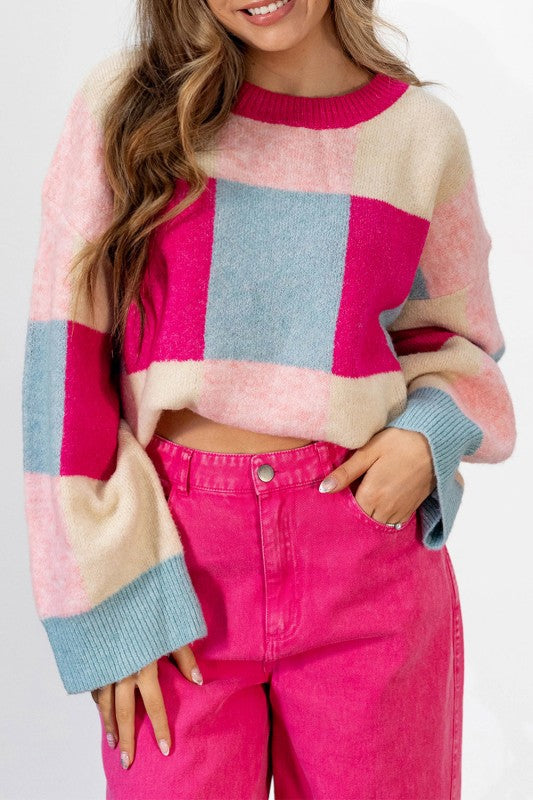 rose pink color block cropped sweater