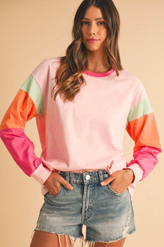 Dark Blue Color Block Sleeve Loose Fit Top