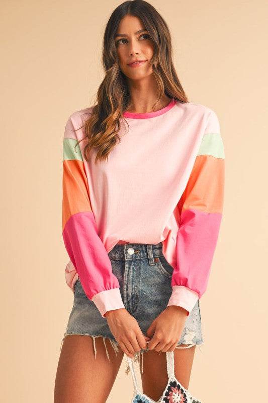 Dark Blue Color Block Sleeve Loose Fit Top
