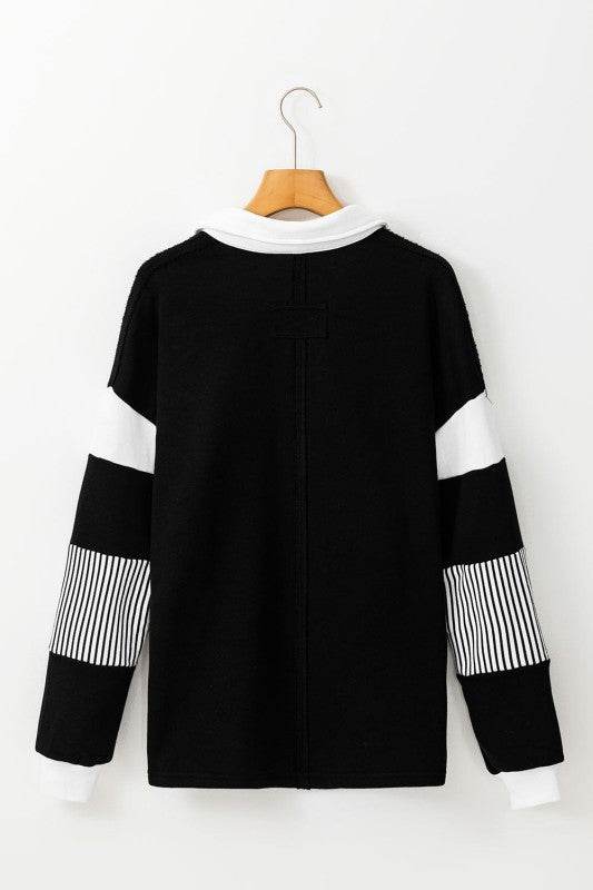 Black Striped Patchwork Collar Sweatshirt