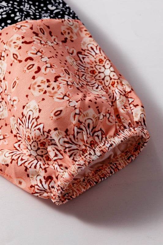 Cable knit print floral patch balloon blouse