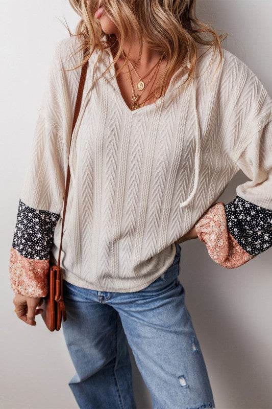 Cable knit print floral patch balloon blouse