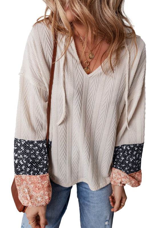 Cable knit print floral patch balloon blouse