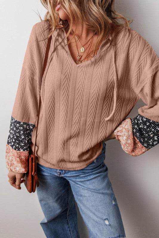 Cable knit print floral patch balloon blouse