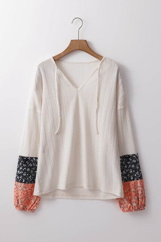 Cable knit print floral patch balloon blouse