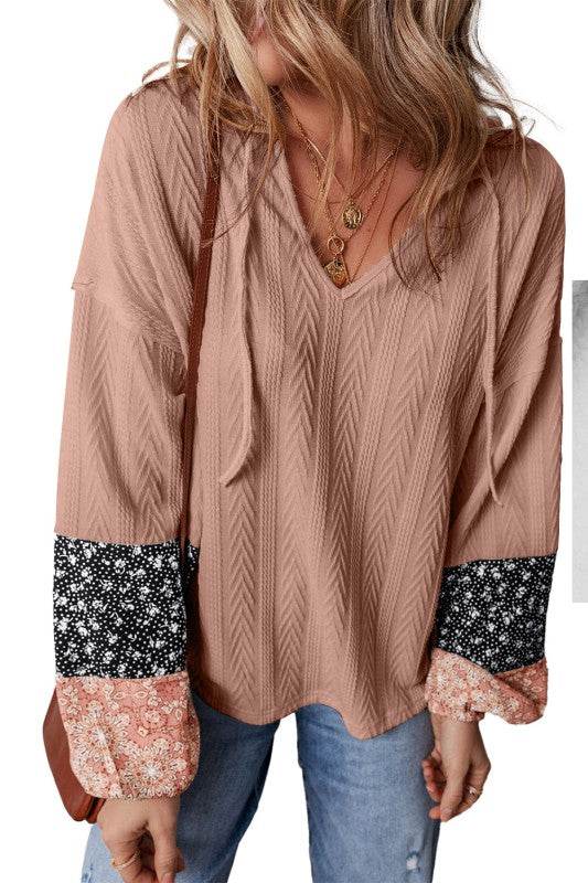 Cable knit print floral patch balloon blouse