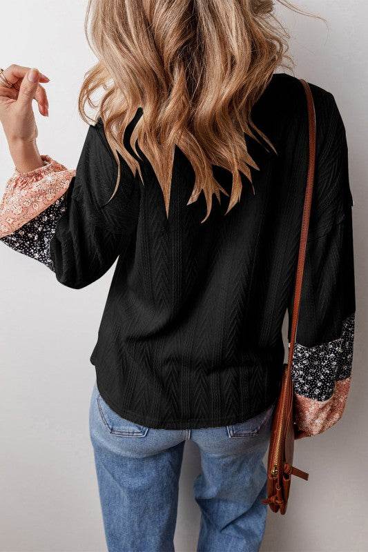 Cable knit print floral patch balloon blouse