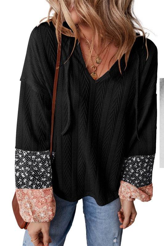 Cable knit print floral patch balloon blouse