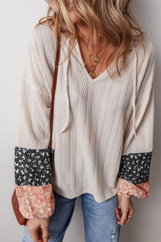 Cable knit print floral patch balloon blouse