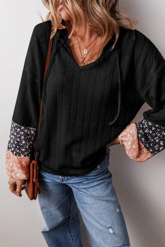 Cable knit print floral patch balloon blouse