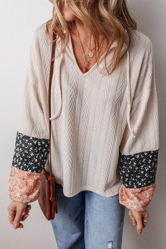 Cable knit print floral patch balloon blouse