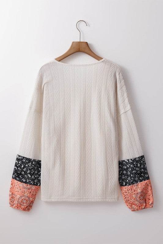 Cable knit print floral patch balloon blouse