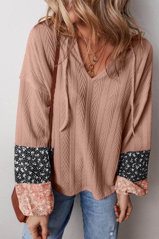 Cable knit print floral patch balloon blouse