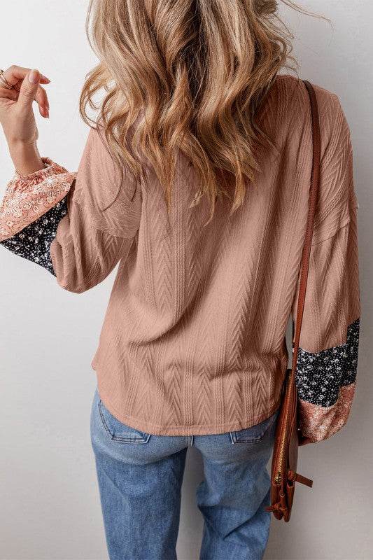 Cable knit print floral patch balloon blouse