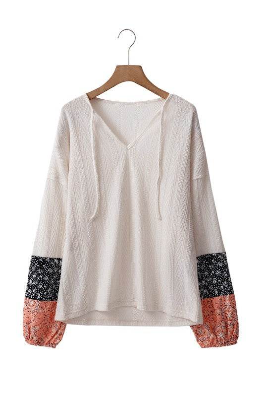 Cable knit print floral patch balloon blouse