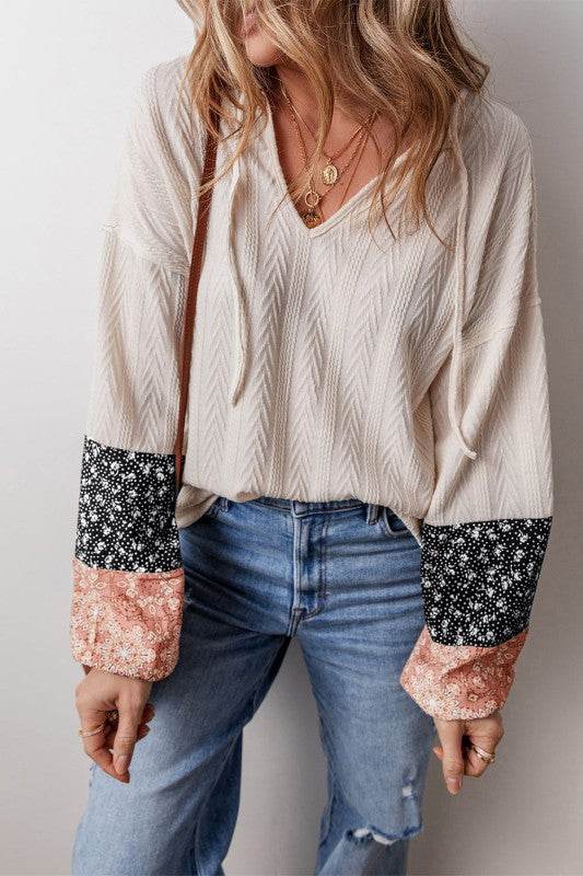 Cable knit print floral patch balloon blouse