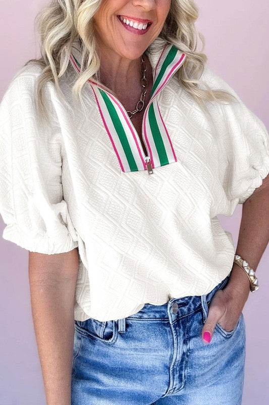 Striped Collar Patchwork Half Sleeve Blouse
