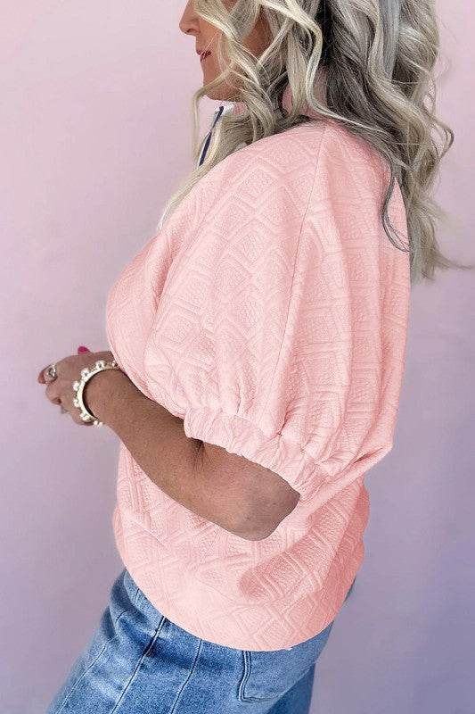 Striped Collar Patchwork Half Sleeve Blouse