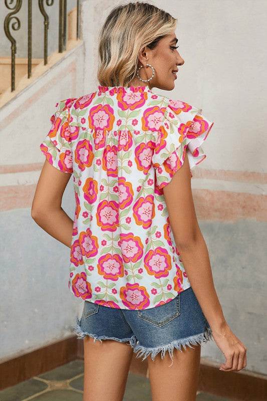 Floral Sleeve Ric-rac Trim Split Neck Loose Blouse