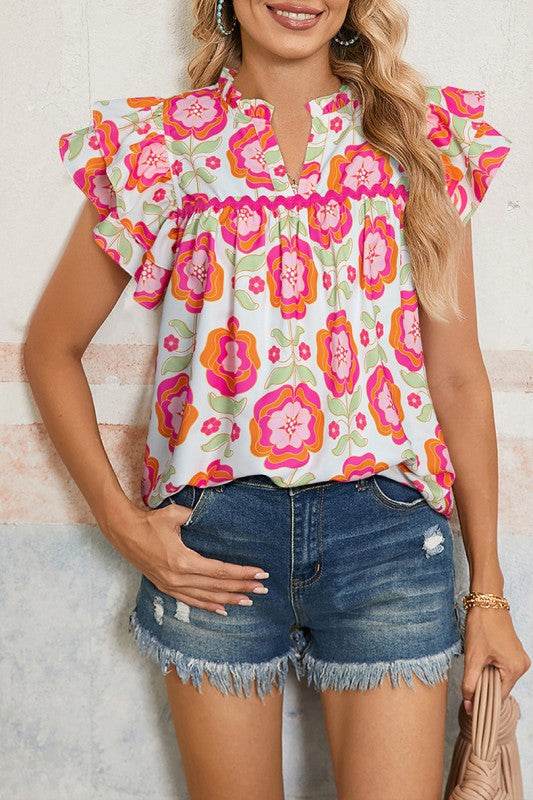 Floral Sleeve Ric-rac Trim Split Neck Loose Blouse