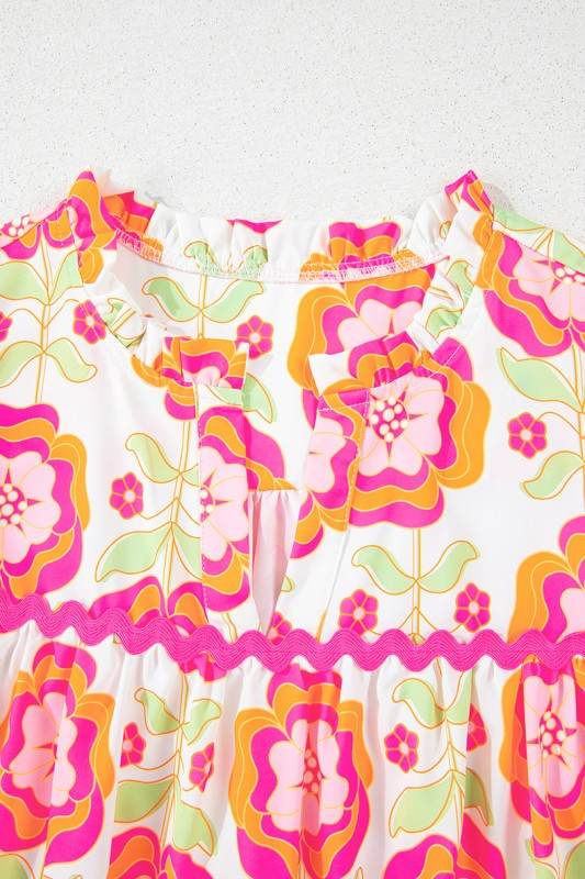 Floral Sleeve Ric-rac Trim Split Neck Loose Blouse