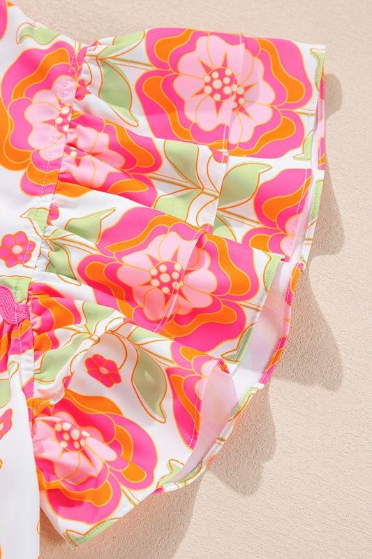 Floral Sleeve Ric-rac Trim Split Neck Loose Blouse