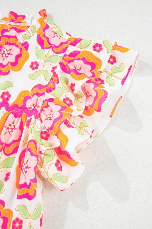 Floral Sleeve Ric-rac Trim Split Neck Loose Blouse