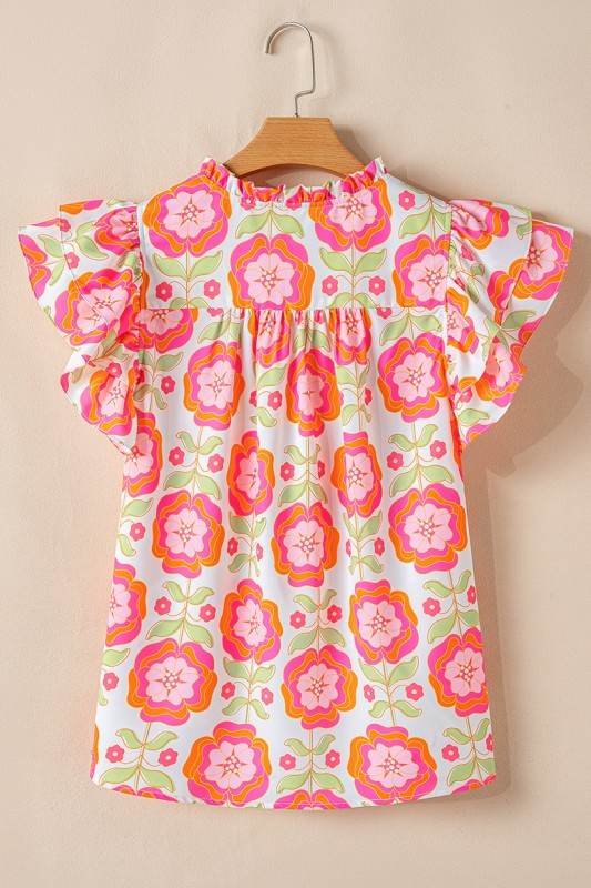 Floral Sleeve Ric-rac Trim Split Neck Loose Blouse