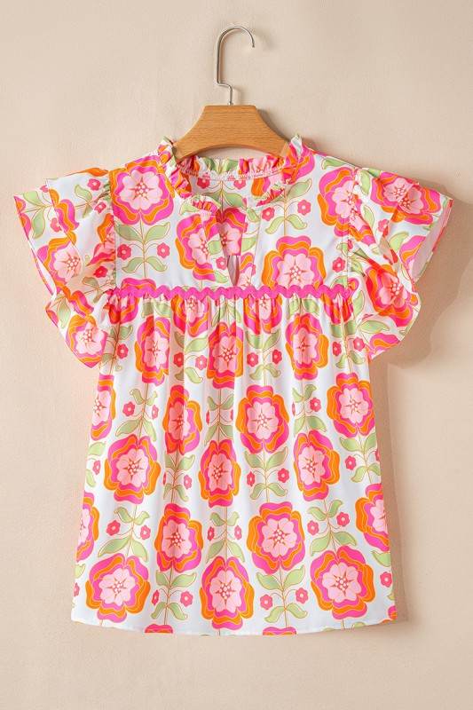 Floral Sleeve Ric-rac Trim Split Neck Loose Blouse