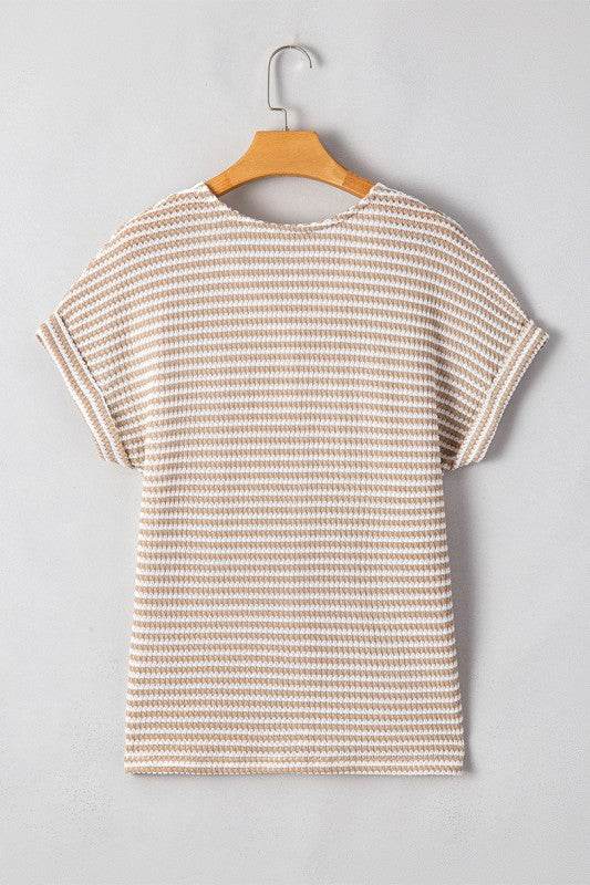 Khaki Stripe Buttoned Front V Neck Knitted T Shirt