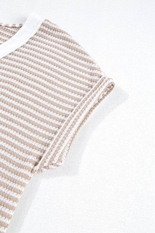 Khaki Stripe Buttoned Front V Neck Knitted T Shirt