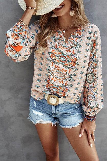 V Neck Graphic Pattern Notched Neck Blouse