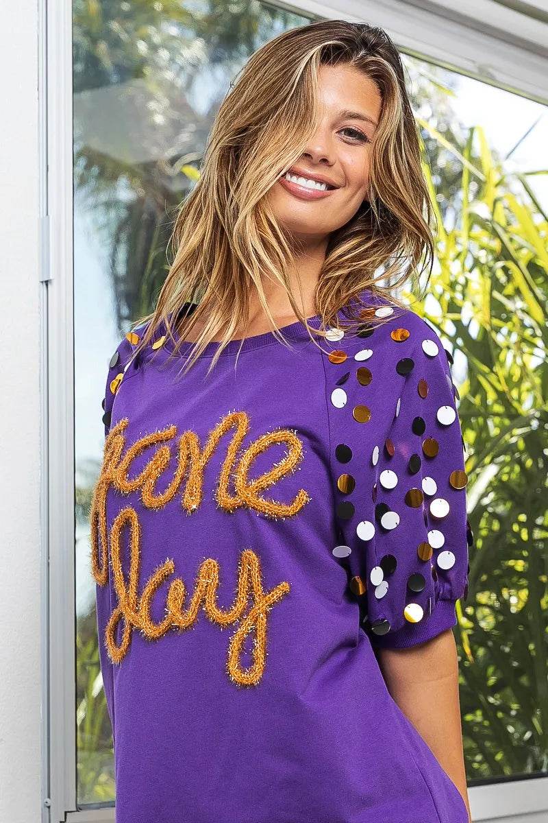 BiBi Game Day Metallic Letter Spangle Sleeve Top