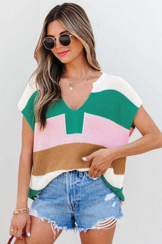 Elliot Color Block Notch V Neck Sweater Top