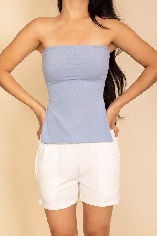 Strapless Ribbed Side-Slit Flare Top