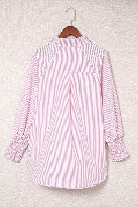 Smocked Cuffed Striped Boyfriend Shirt with Pocket