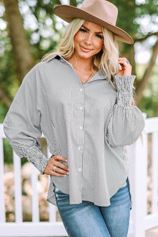 Smocked Cuffed Striped Boyfriend Shirt with Pocket