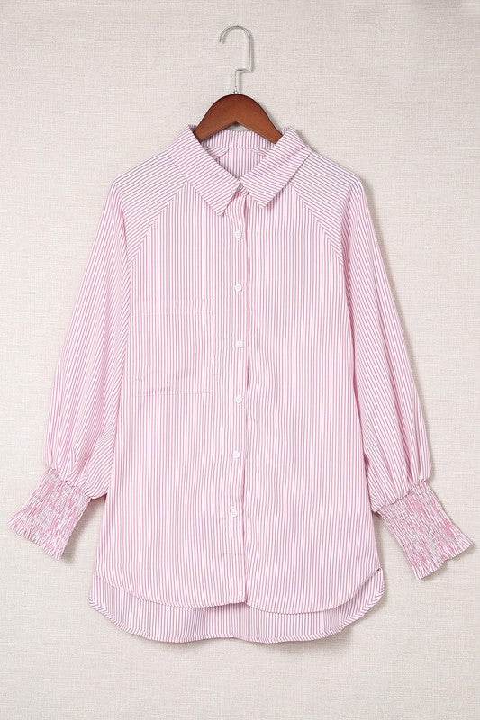 Smocked Cuffed Striped Boyfriend Shirt with Pocket