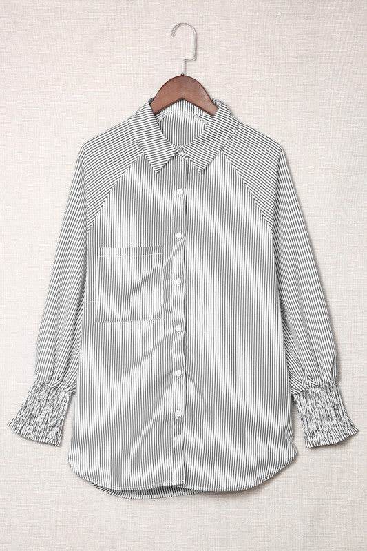 Smocked Cuffed Striped Boyfriend Shirt with Pocket