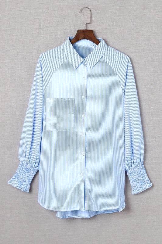 Smocked Cuffed Striped Boyfriend Shirt with Pocket